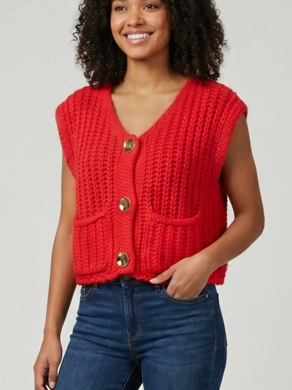 NWOT | Red Chunky Knit Button-Front Sweater Vest | Modern Preppy | Medium